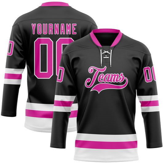 Custom Black Deep Pink-White Hockey Lace Neck Jersey - Main View