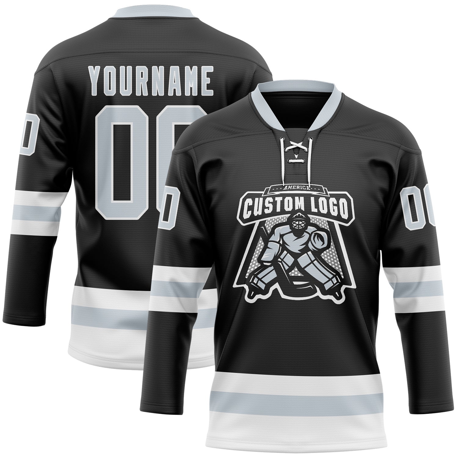 Custom Black Silver-White Hockey Lace Neck Jersey view 2