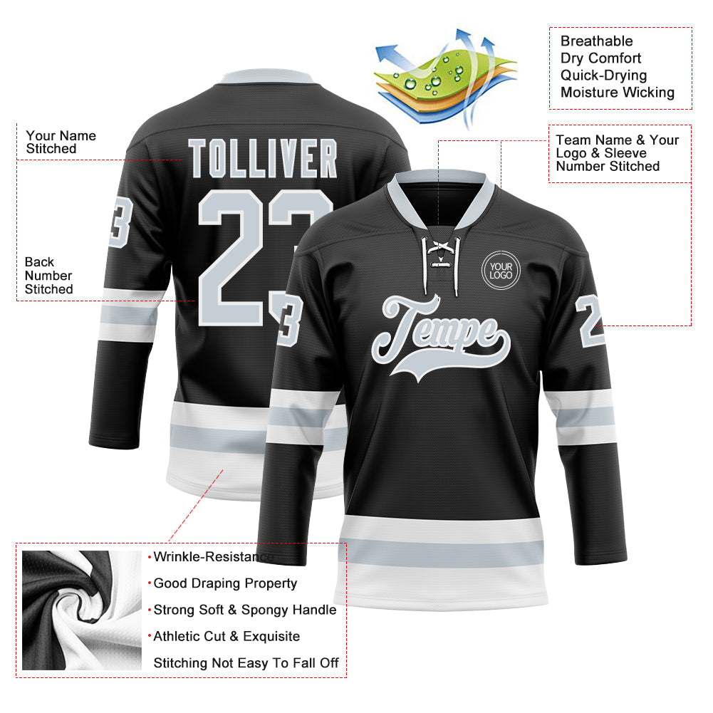 Custom Black Silver-White Hockey Lace Neck Jersey view 3