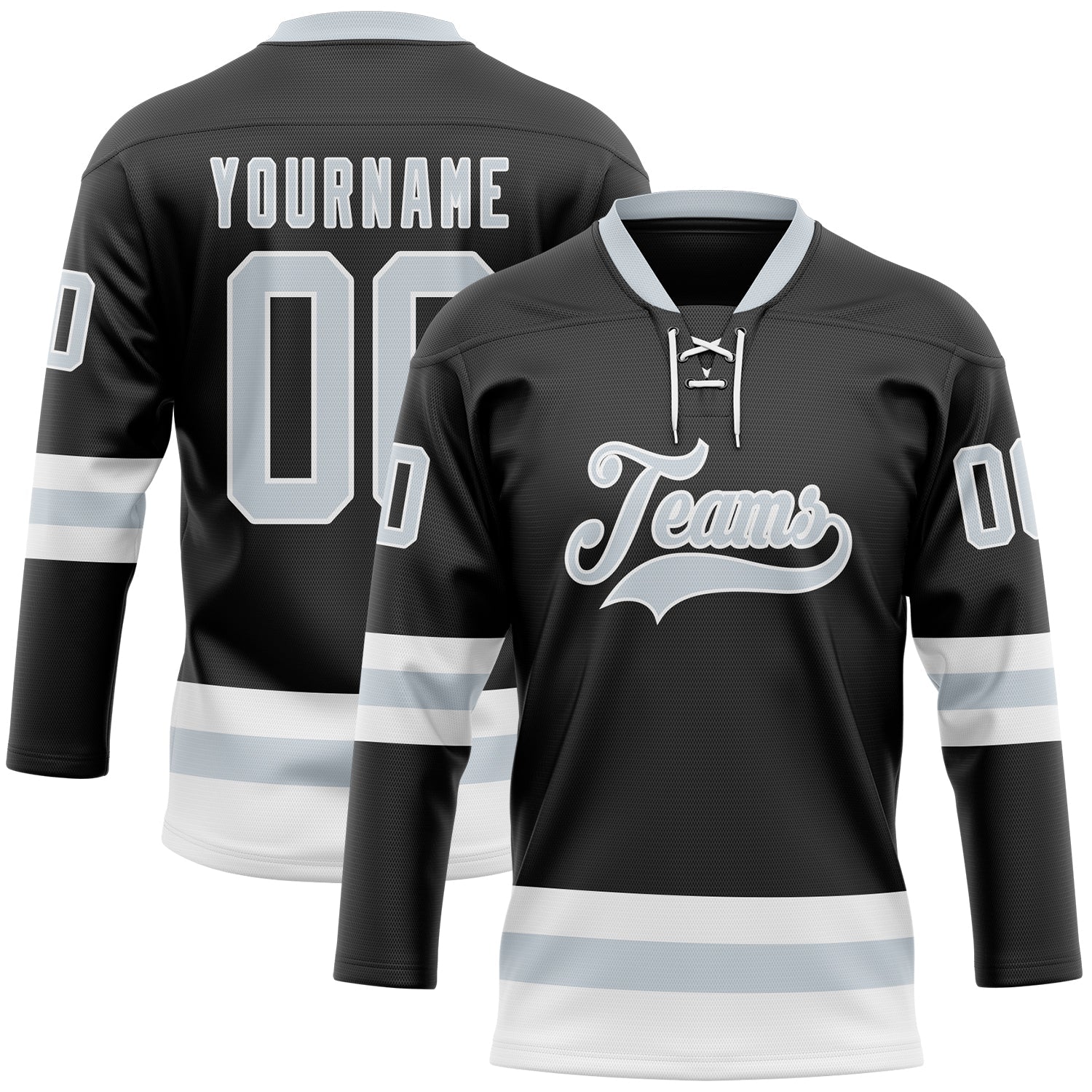 Custom Black Silver-White Hockey Lace Neck Jersey - Main View