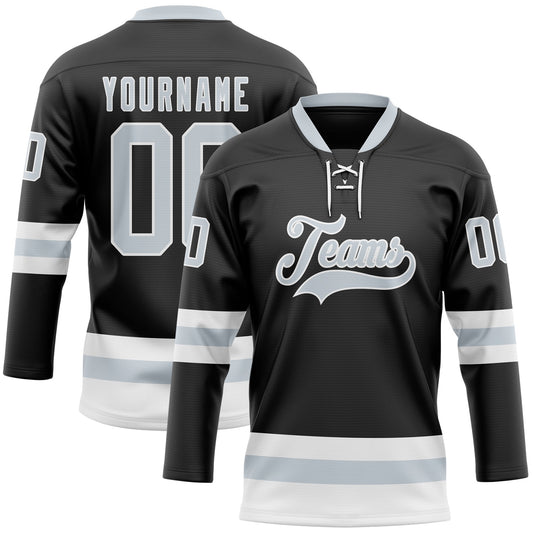 Custom Black Silver-White Hockey Lace Neck Jersey - Main View