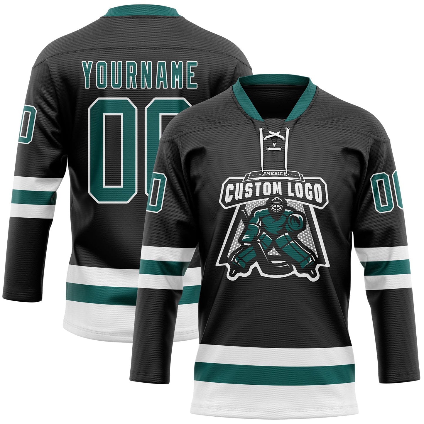 Custom Black Midnight Green-White Hockey Lace Neck Jersey view 2