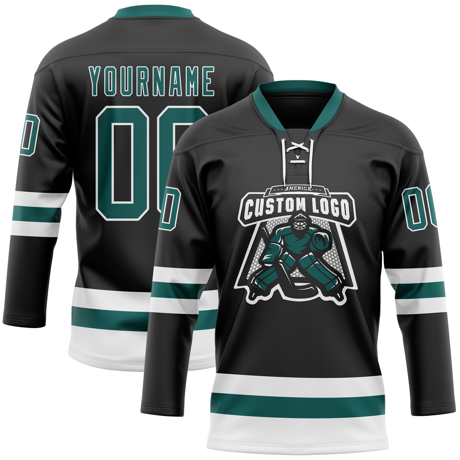 Custom Black Midnight Green-White Hockey Lace Neck Jersey view 2