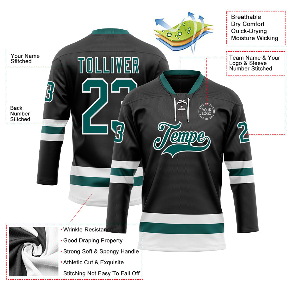 Custom Black Midnight Green-White Hockey Lace Neck Jersey view 3