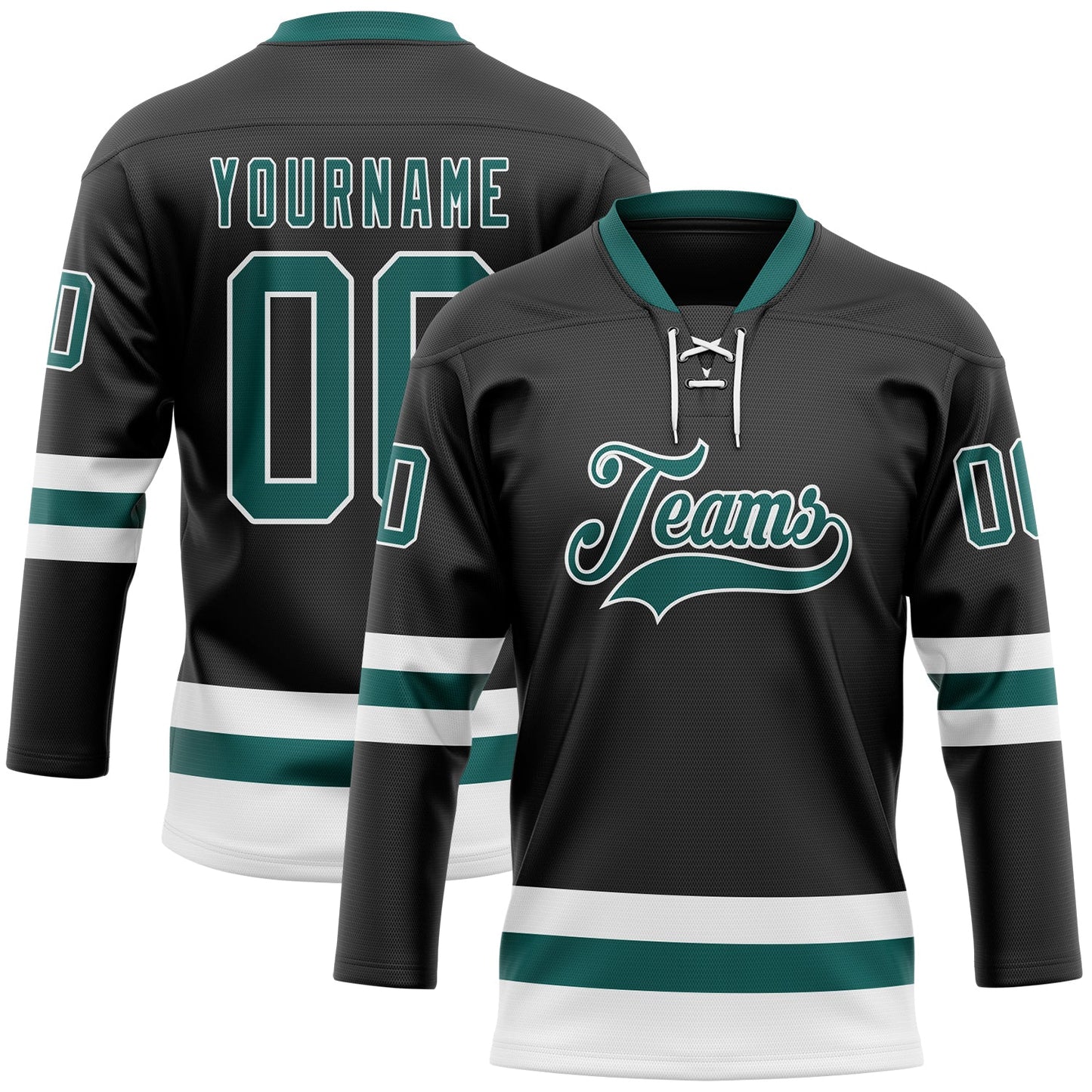 Custom Black Midnight Green-White Hockey Lace Neck Jersey - Main View