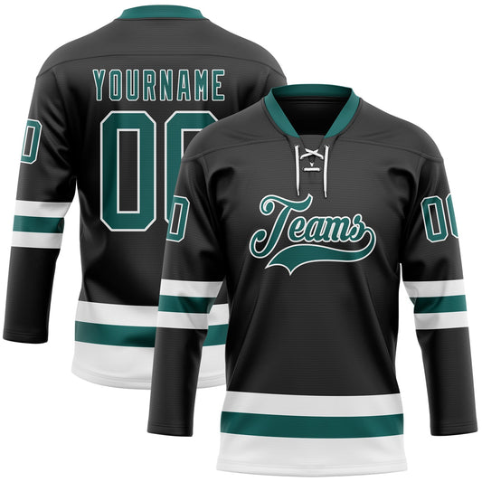 Custom Black Midnight Green-White Hockey Lace Neck Jersey - Main View