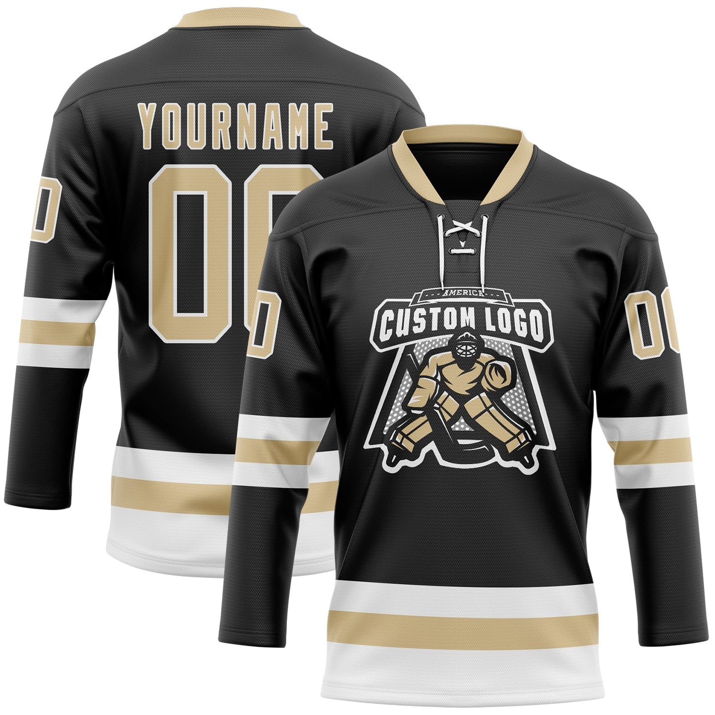 Custom Black Vegas Gold-White Hockey Lace Neck Jersey view 2