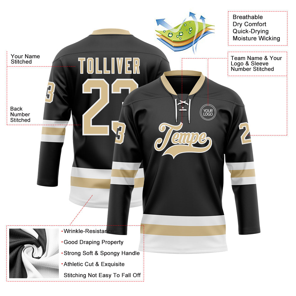 Custom Black Vegas Gold-White Hockey Lace Neck Jersey view 3