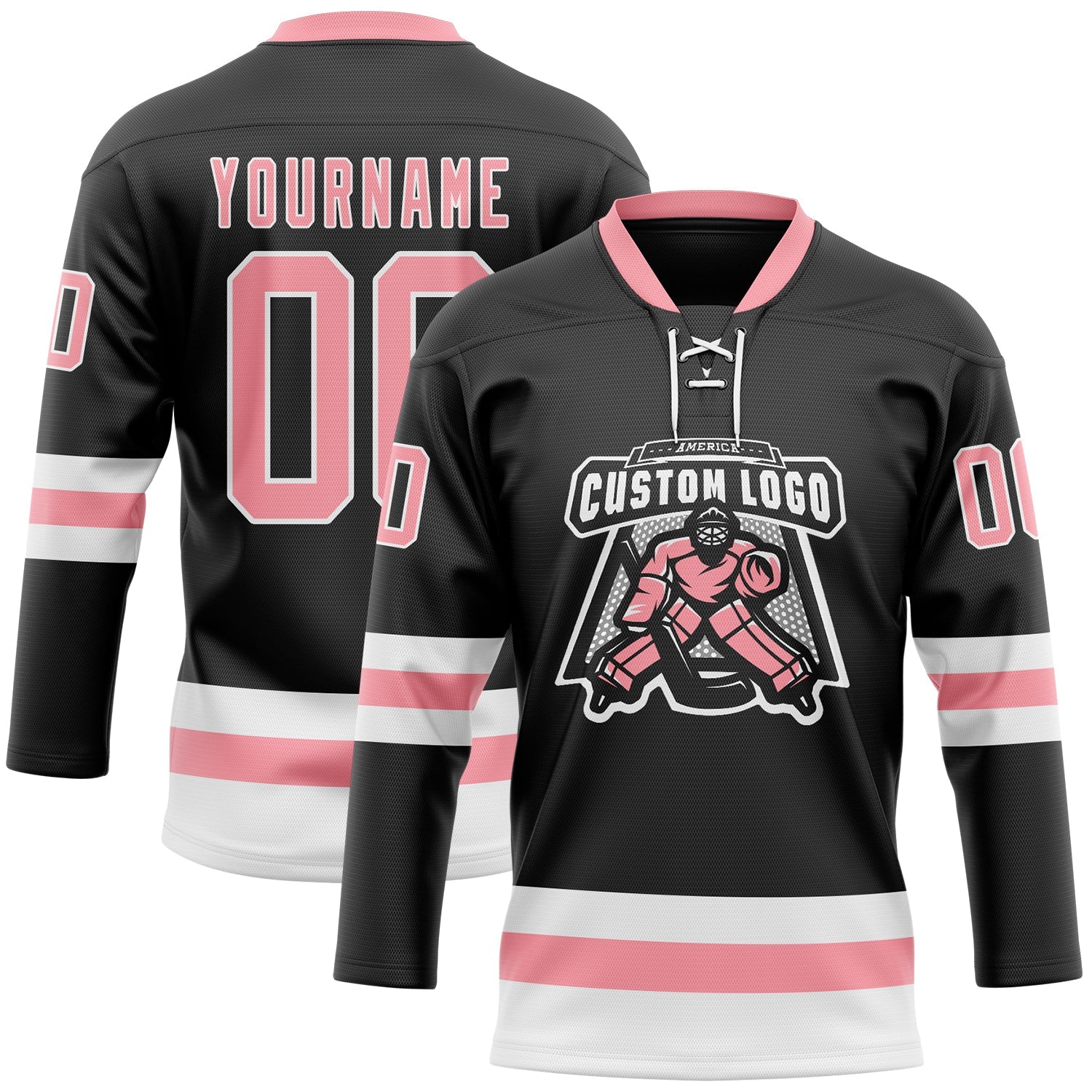 Custom Black Medium Pink-White Hockey Lace Neck Jersey view 2