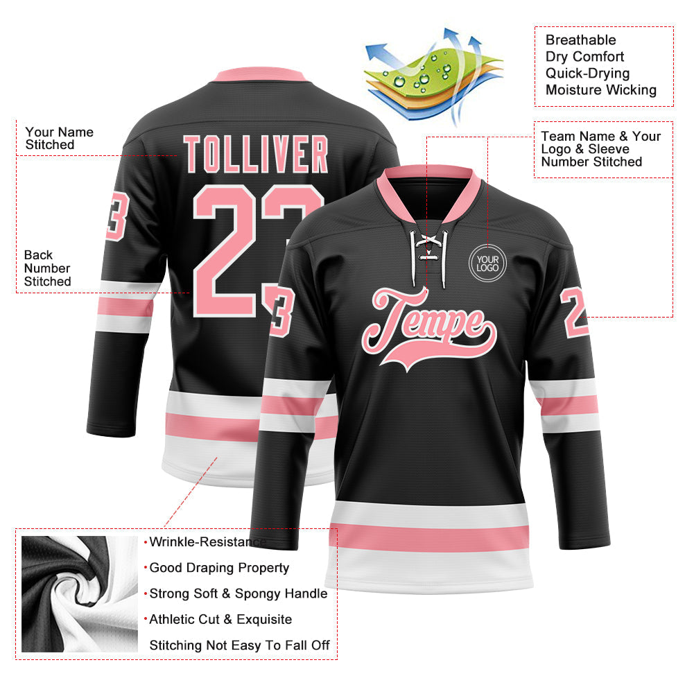 Custom Black Medium Pink-White Hockey Lace Neck Jersey view 3