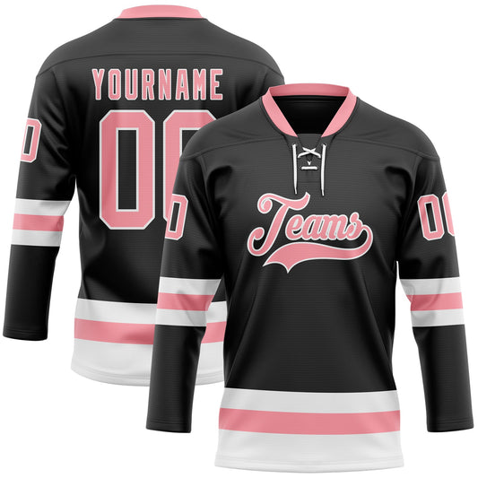 Custom Black Medium Pink-White Hockey Lace Neck Jersey - Main View