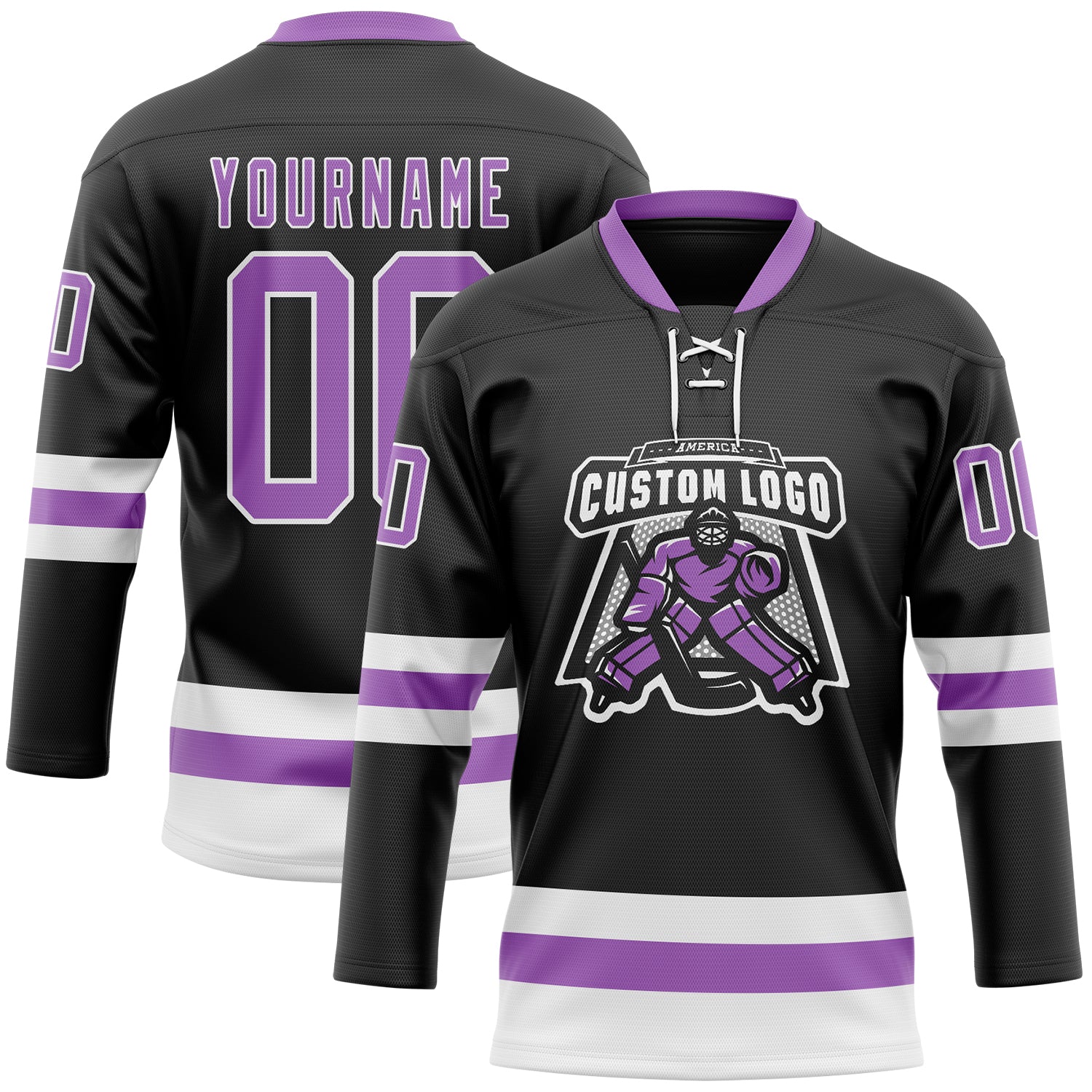 Custom Black Medium Purple-White Hockey Lace Neck Jersey view 2