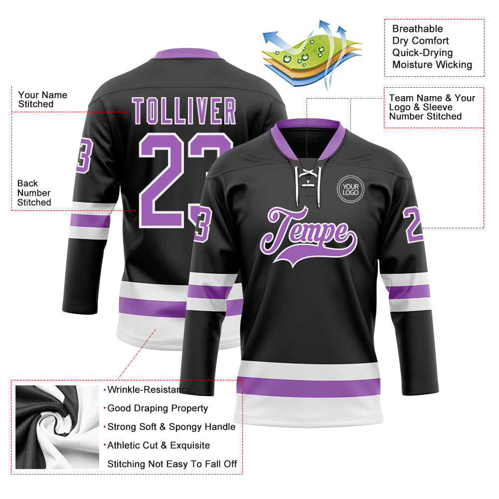 Custom Black Medium Purple-White Hockey Lace Neck Jersey view 3