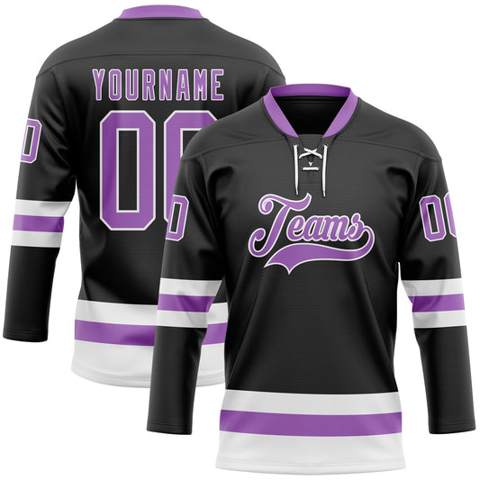 Custom Black Medium Purple-White Hockey Lace Neck Jersey - Main View