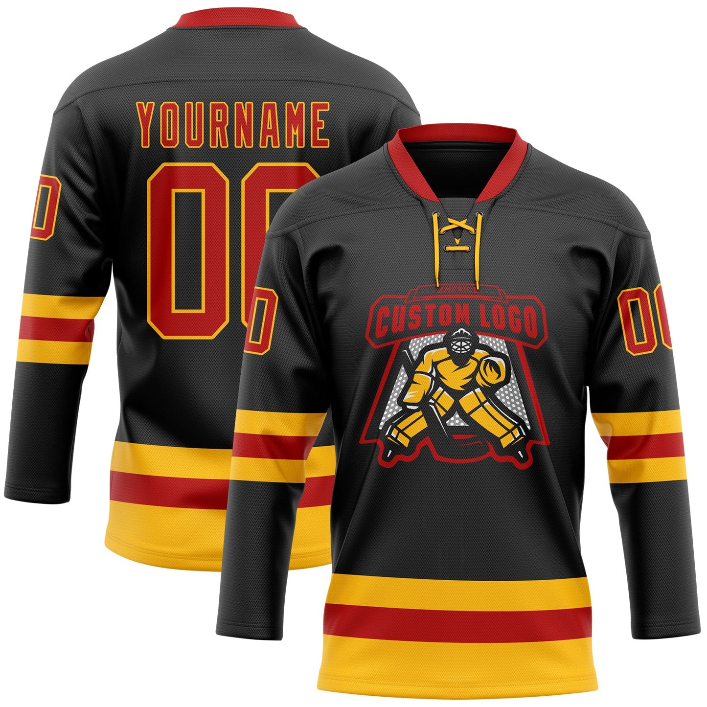 Custom Black Red-Gold Hockey Lace Neck Jersey view 2
