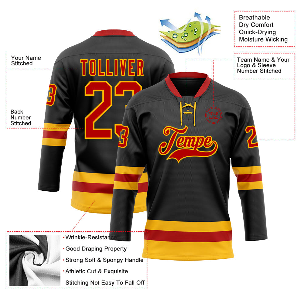 Custom Black Red-Gold Hockey Lace Neck Jersey view 3