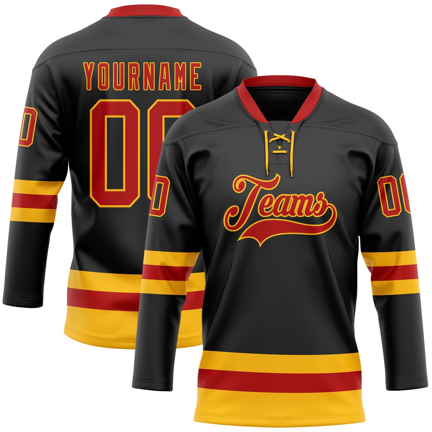 Custom Black Red-Gold Hockey Lace Neck Jersey - Main View