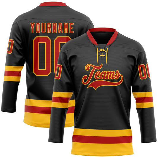 Custom Black Red-Gold Hockey Lace Neck Jersey - Main View
