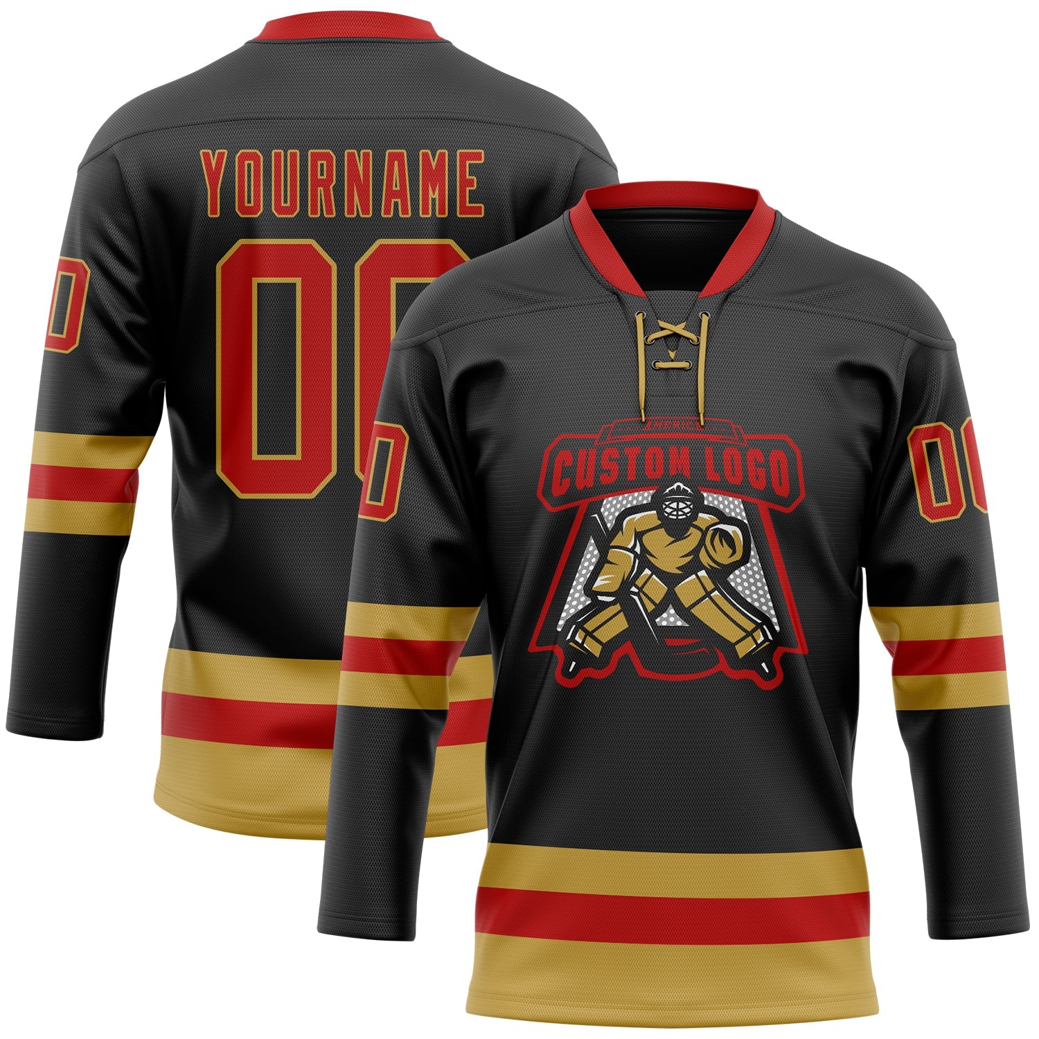 Custom Black Red-Old Gold Hockey Lace Neck Jersey view 2