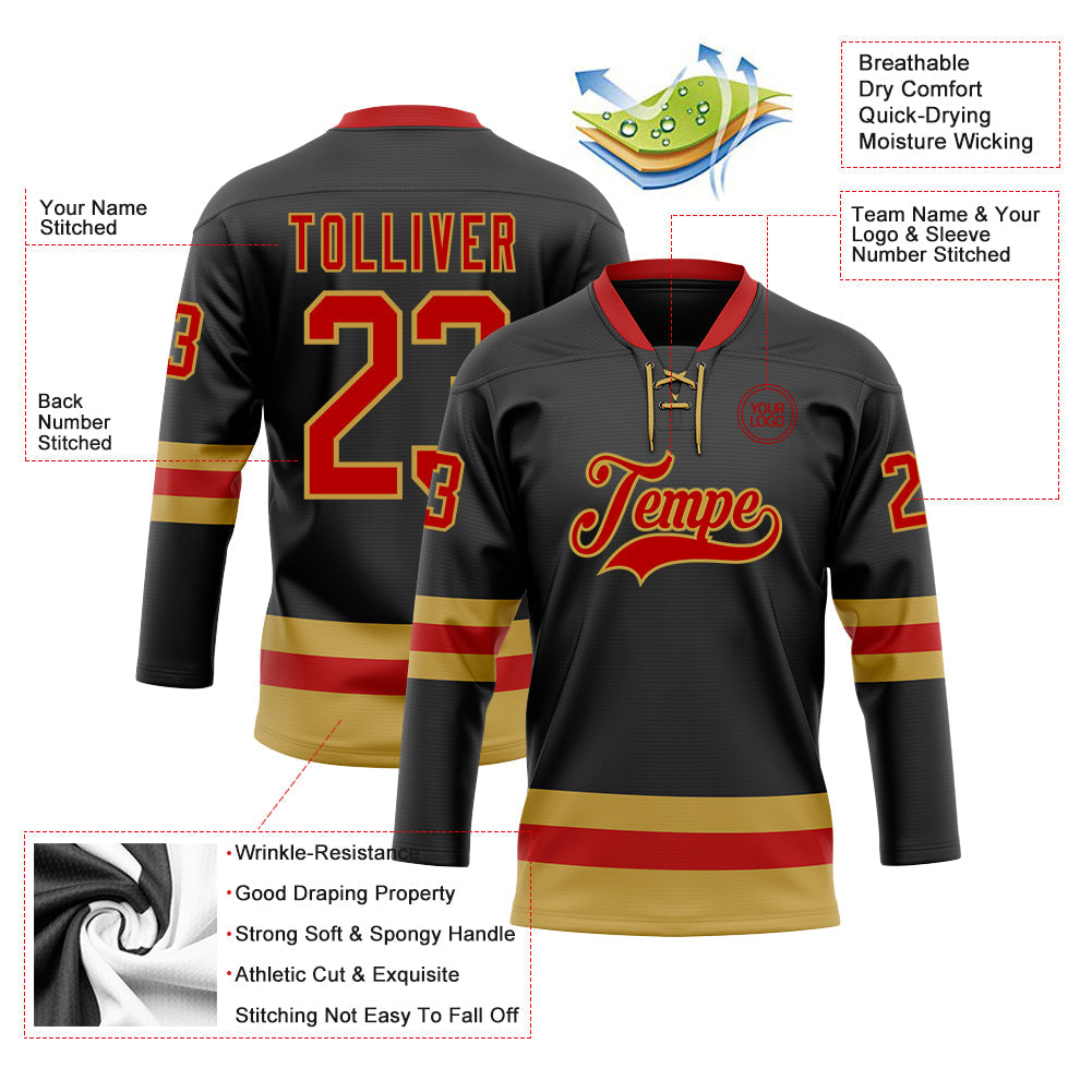 Custom Black Red-Old Gold Hockey Lace Neck Jersey view 3