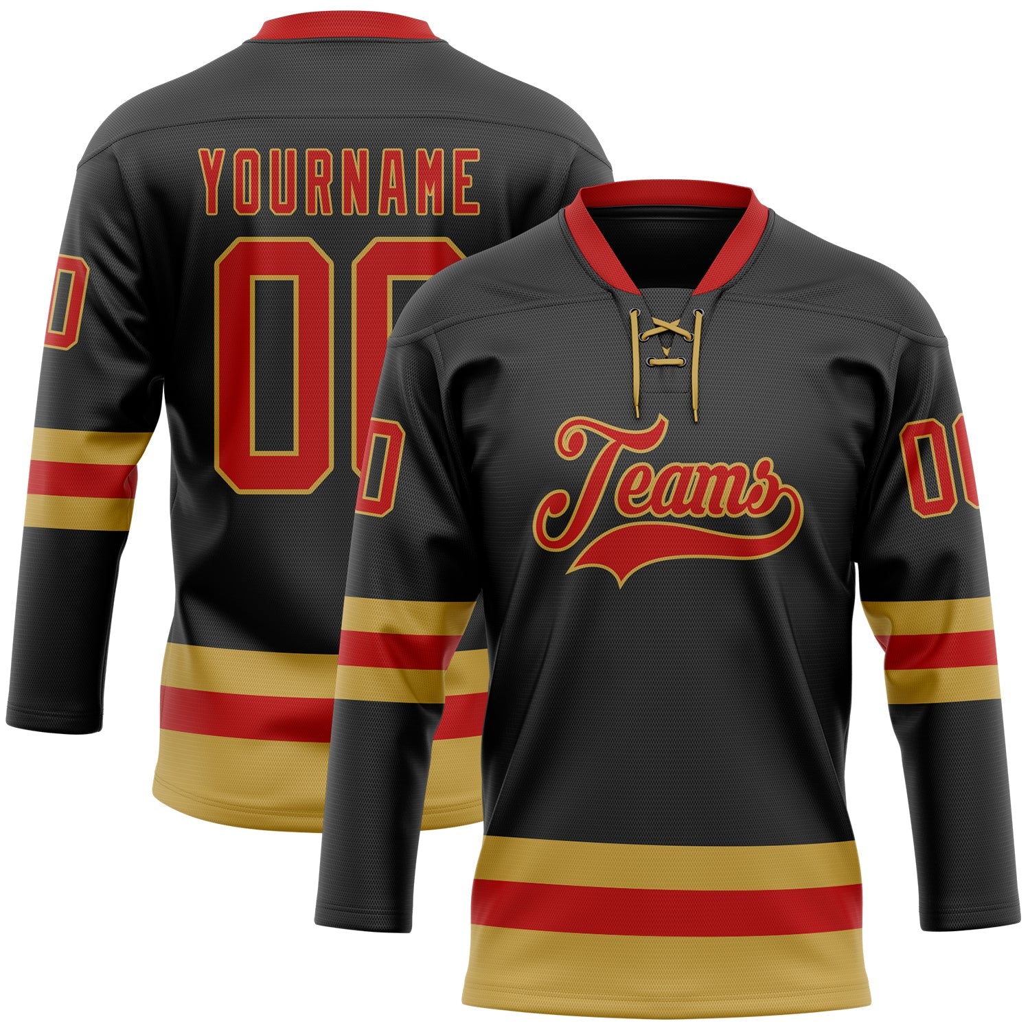 Custom Black Red-Old Gold Hockey Lace Neck Jersey - Main View