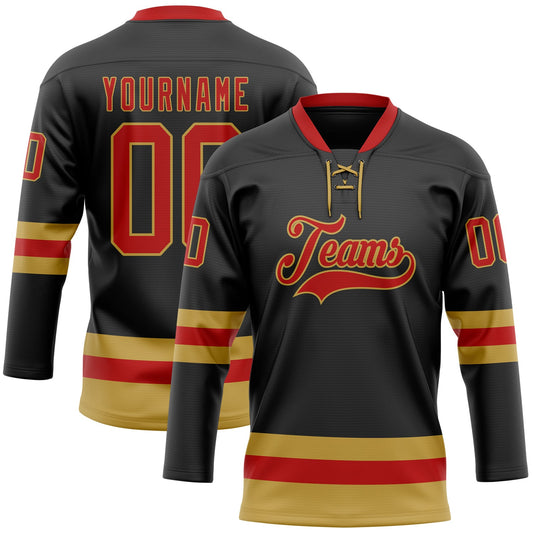 Custom Black Red-Old Gold Hockey Lace Neck Jersey - Main View