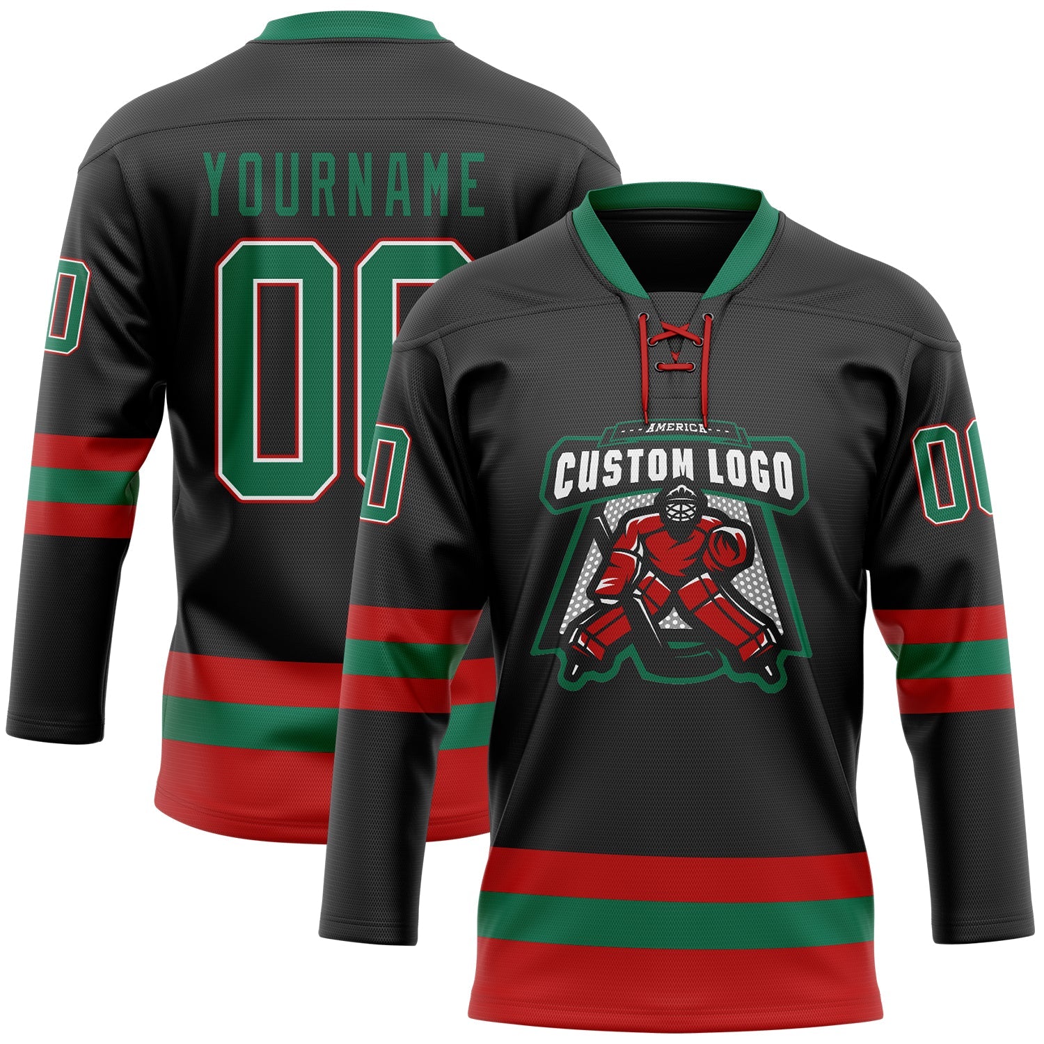 Custom Black Kelly Green-Red Hockey Lace Neck Jersey view 2