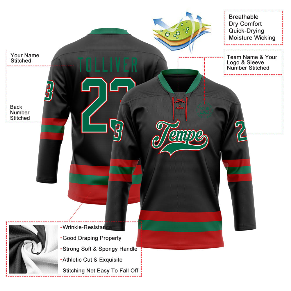 Custom Black Kelly Green-Red Hockey Lace Neck Jersey view 3