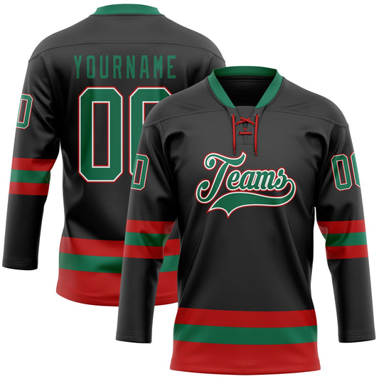 Custom Black Kelly Green-Red Hockey Lace Neck Jersey - Main View
