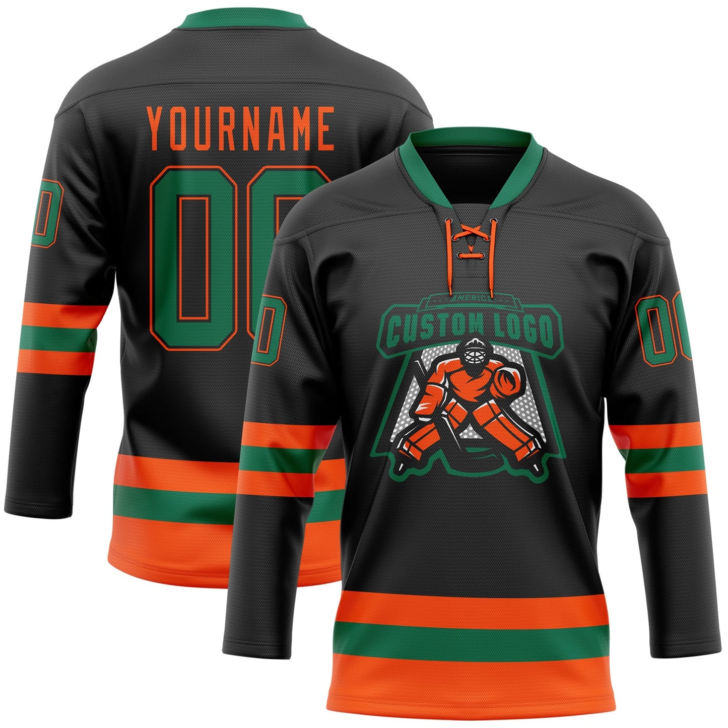 Custom Black Kelly Green-Orange Hockey Lace Neck Jersey view 2