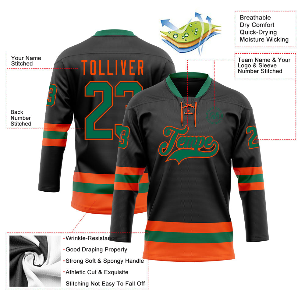 Custom Black Kelly Green-Orange Hockey Lace Neck Jersey view 3