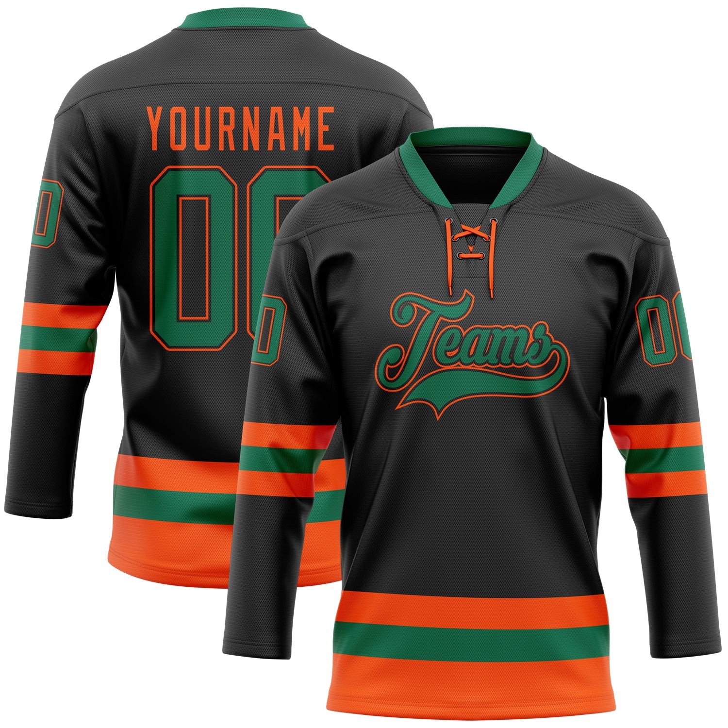 Custom Black Kelly Green-Orange Hockey Lace Neck Jersey - Main View