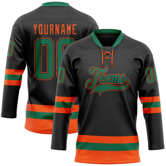 Custom Black Kelly Green-Orange Hockey Lace Neck Jersey - Main View
