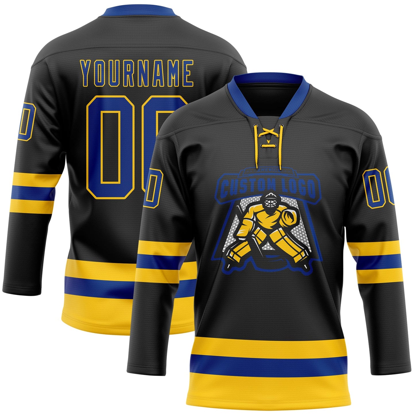 Custom Black Royal-Yellow Hockey Lace Neck Jersey view 2