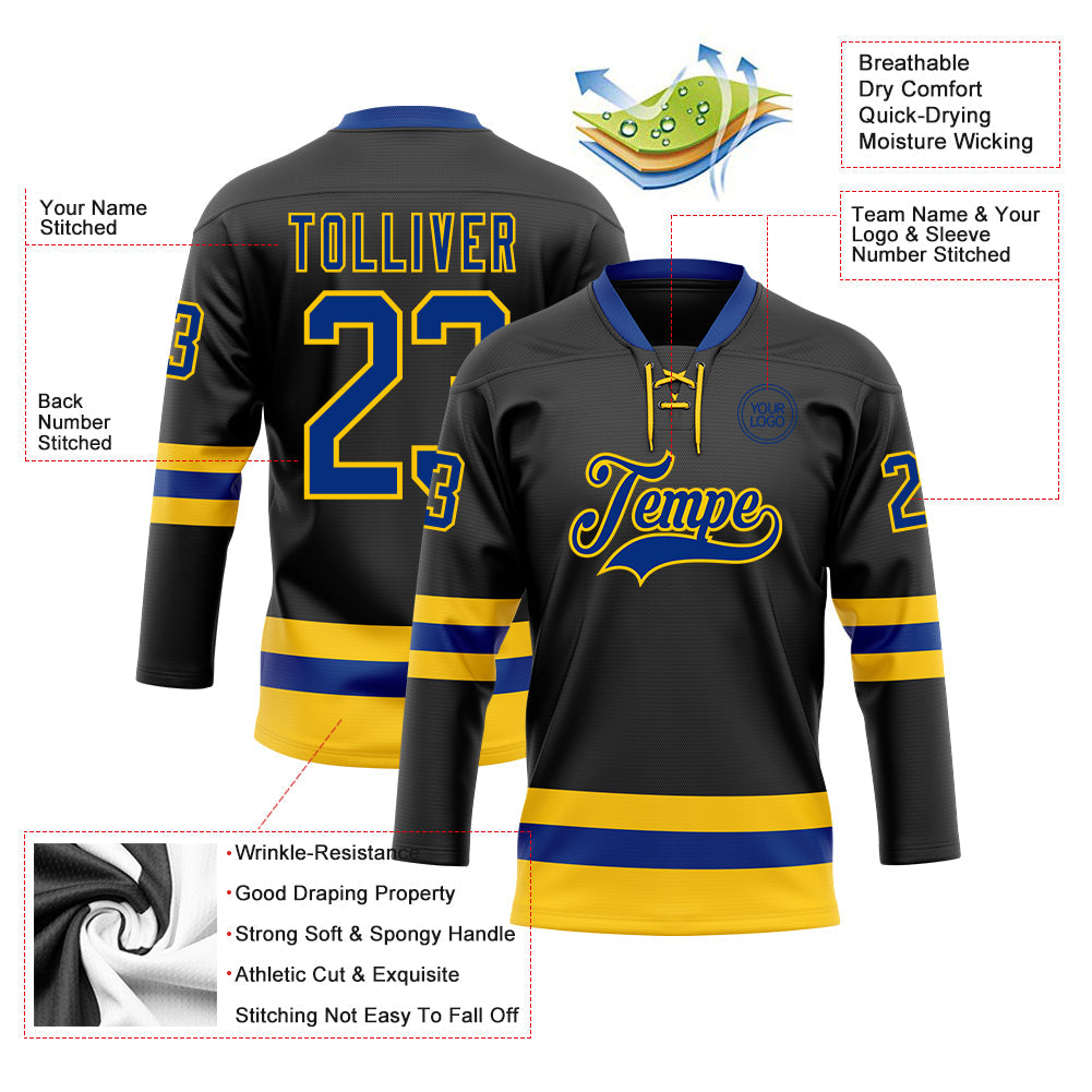 Custom Black Royal-Yellow Hockey Lace Neck Jersey view 3
