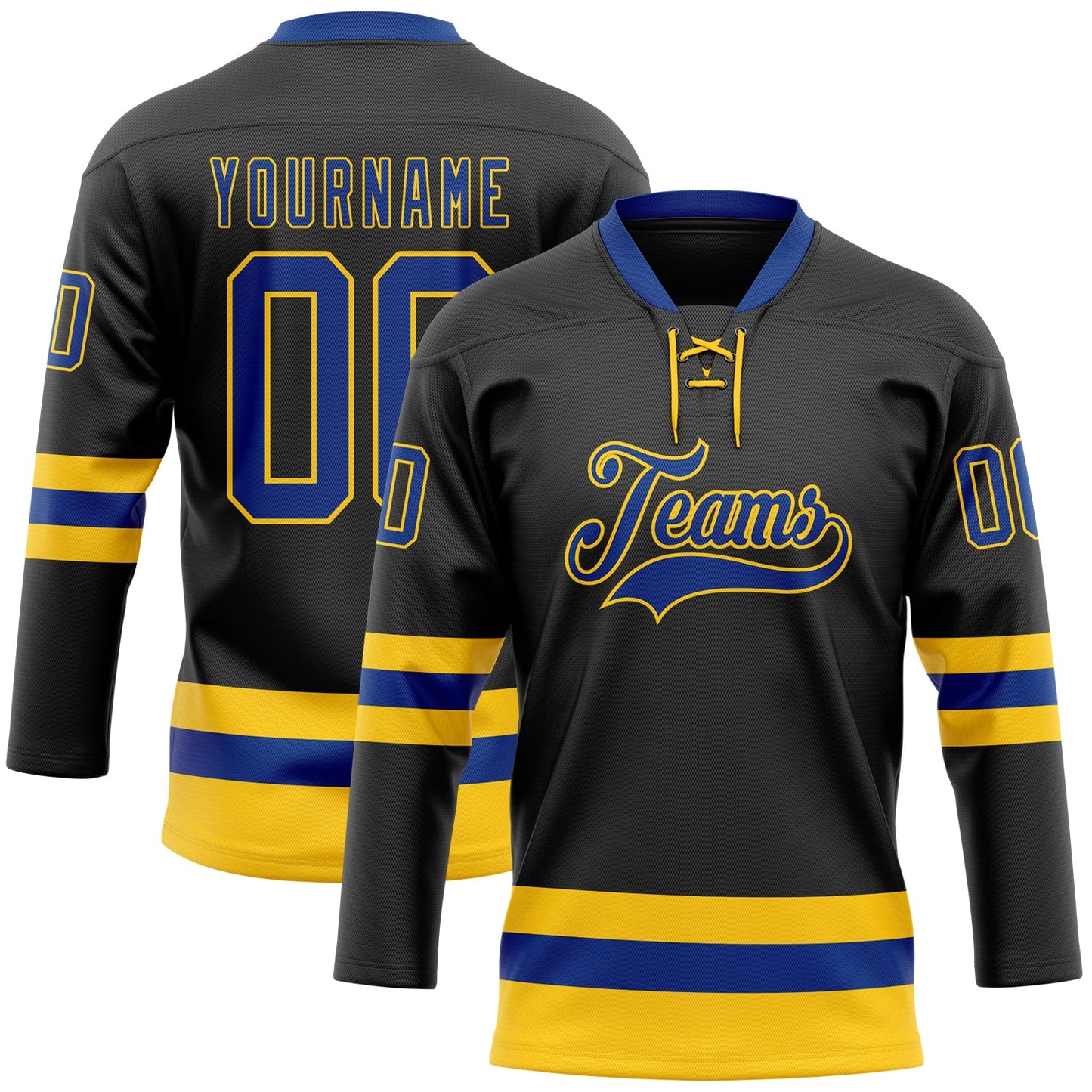 Custom Black Royal-Yellow Hockey Lace Neck Jersey - Main View