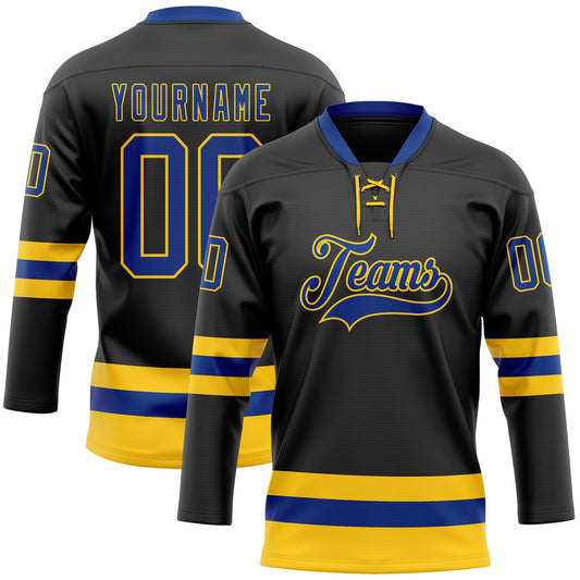 Custom Black Royal-Yellow Hockey Lace Neck Jersey - Main View
