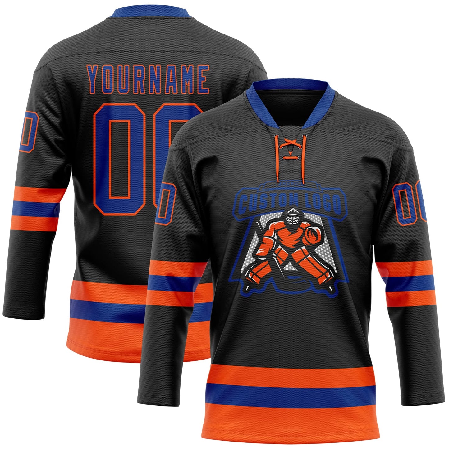 Custom Black Royal-Orange Hockey Lace Neck Jersey view 2
