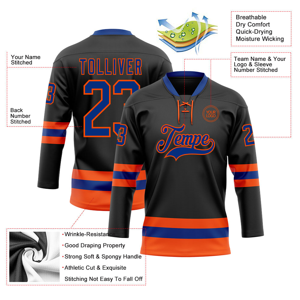 Custom Black Royal-Orange Hockey Lace Neck Jersey view 3