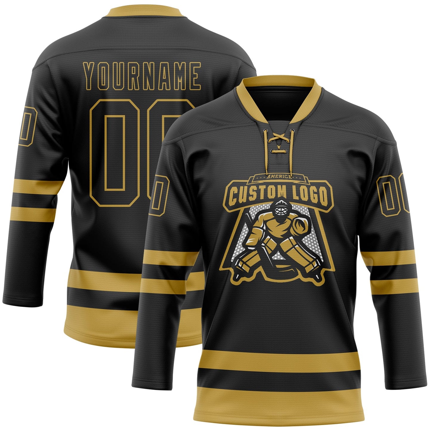 Custom Black Old Gold Hockey Lace Neck Jersey view 2
