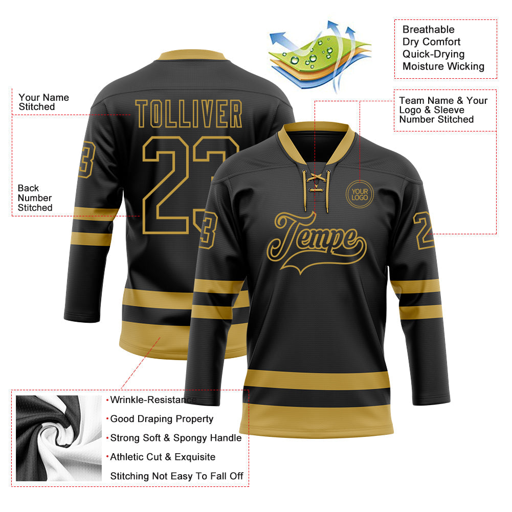 Custom Black Old Gold Hockey Lace Neck Jersey view 3