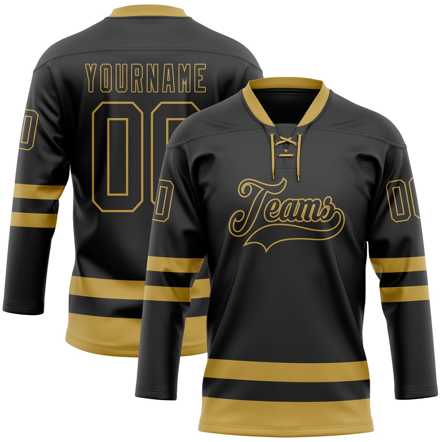 Custom Black Old Gold Hockey Lace Neck Jersey - Main View