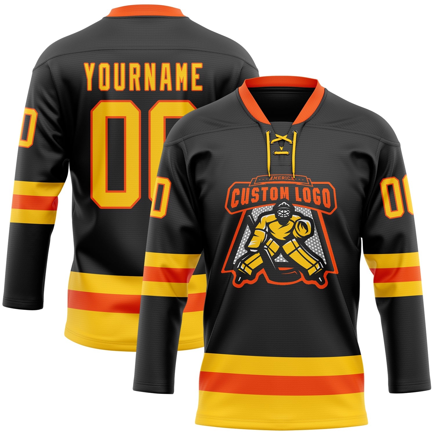 Custom Black Yellow-Orange Hockey Lace Neck Jersey view 2
