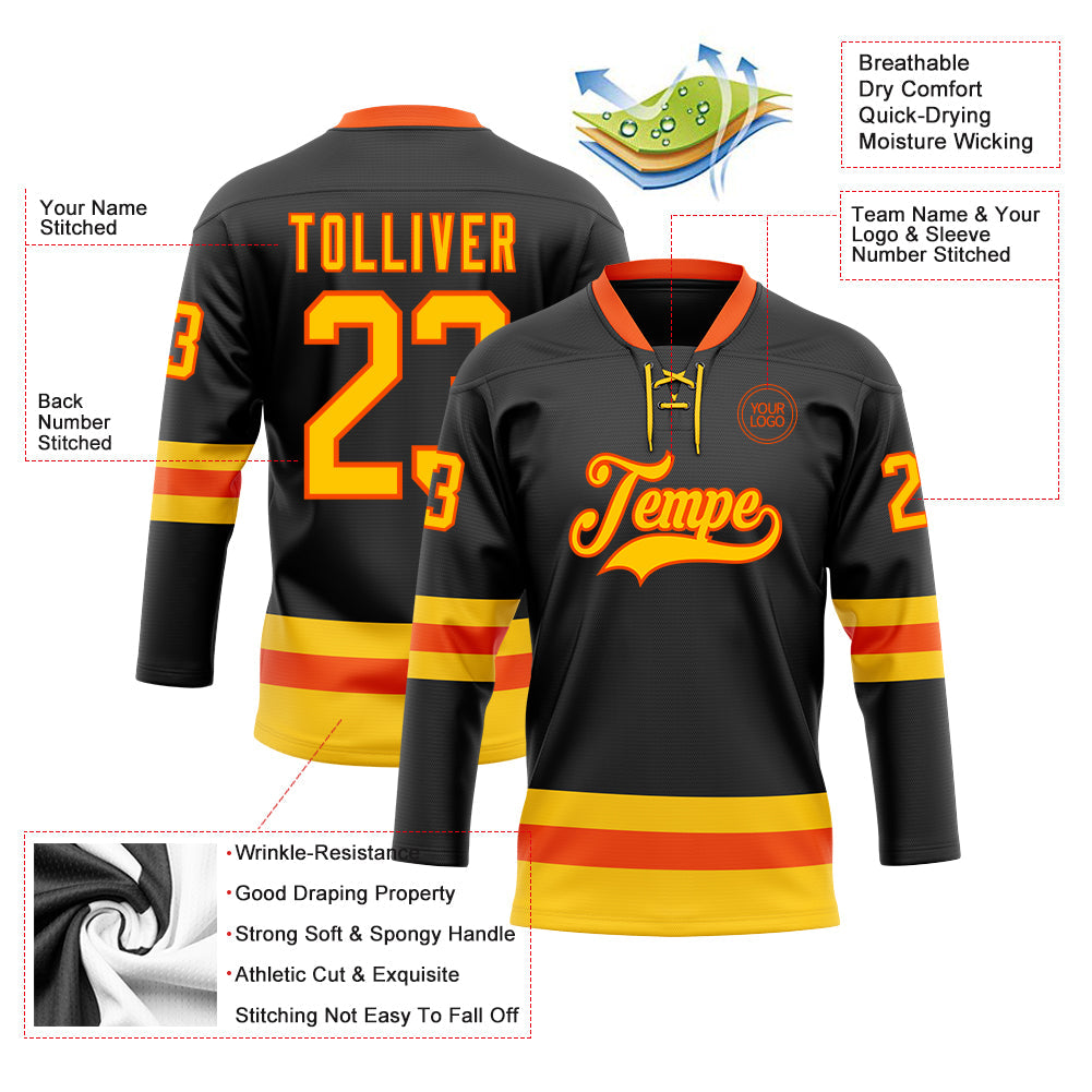 Custom Black Yellow-Orange Hockey Lace Neck Jersey view 3