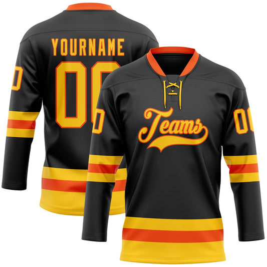Custom Black Yellow-Orange Hockey Lace Neck Jersey - Main View