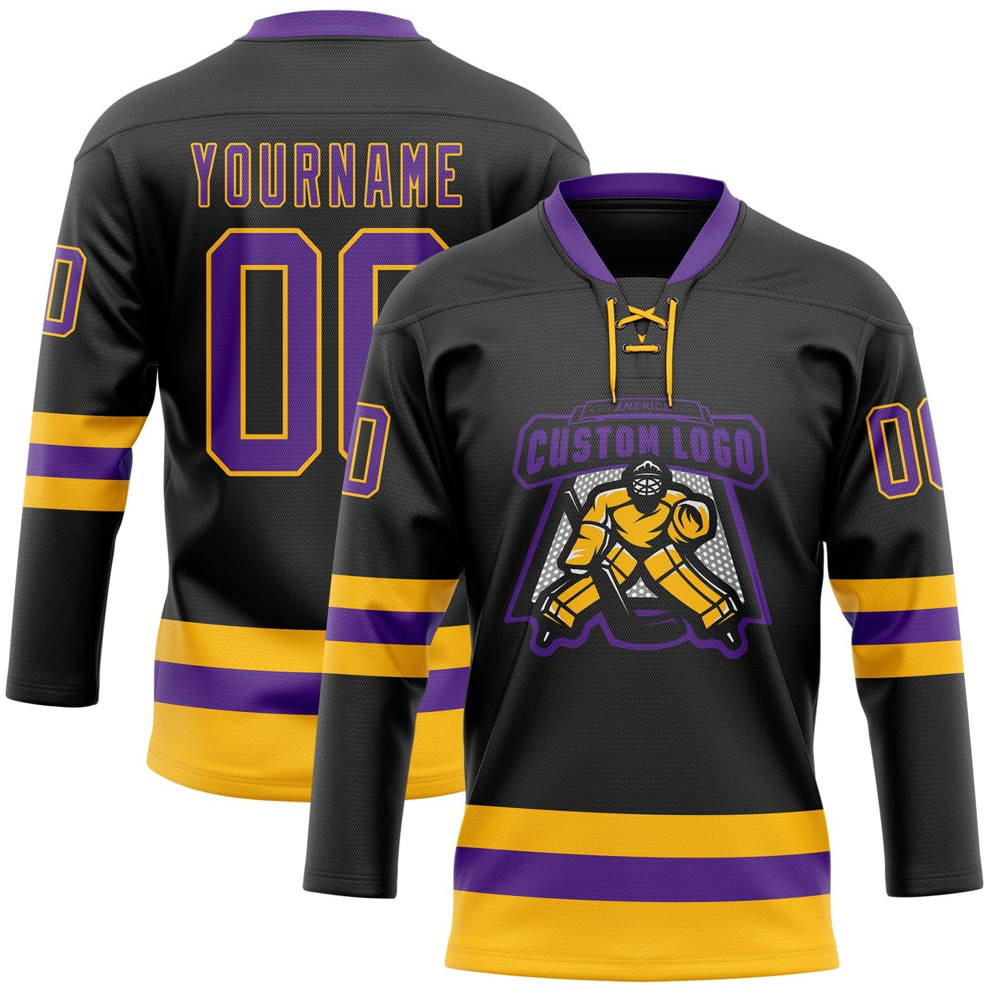 Custom Black Purple-Gold Hockey Lace Neck Jersey view 2