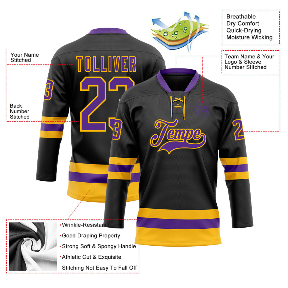 Custom Black Purple-Gold Hockey Lace Neck Jersey view 3