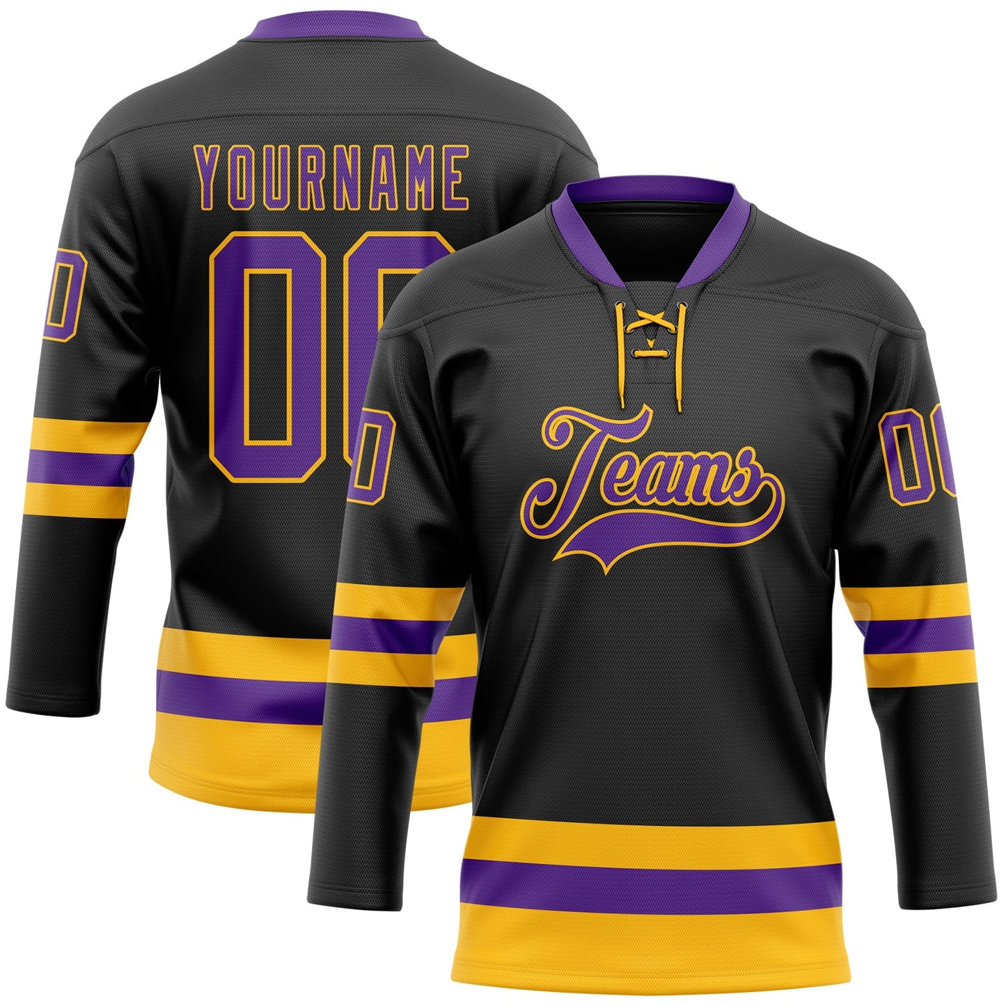 Custom Black Purple-Gold Hockey Lace Neck Jersey - Main View