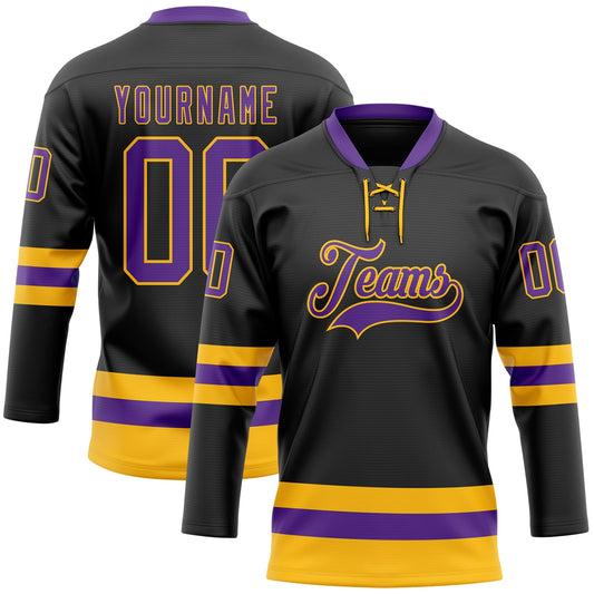 Custom Black Purple-Gold Hockey Lace Neck Jersey - Main View