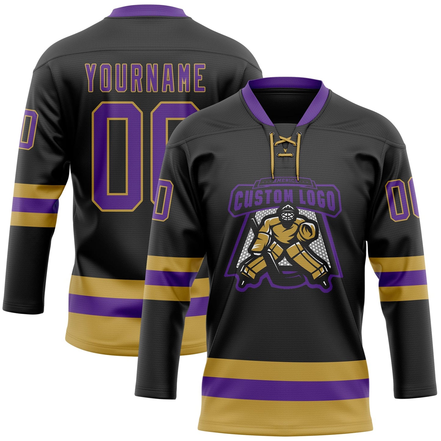 Custom Black Purple-Old Gold Hockey Lace Neck Jersey view 2